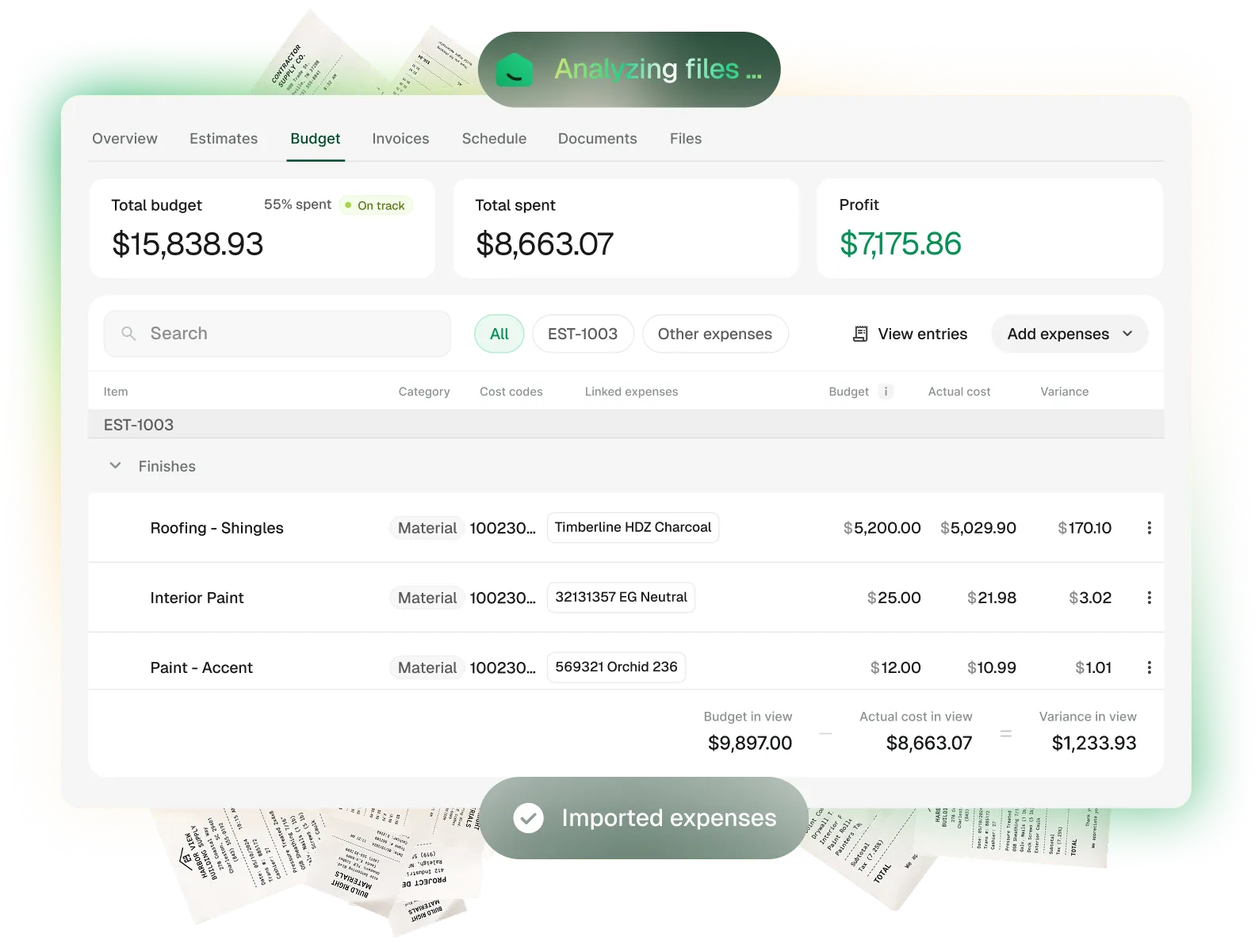 Handoff AI Job Costing interface showing live budget tracking against actual costs