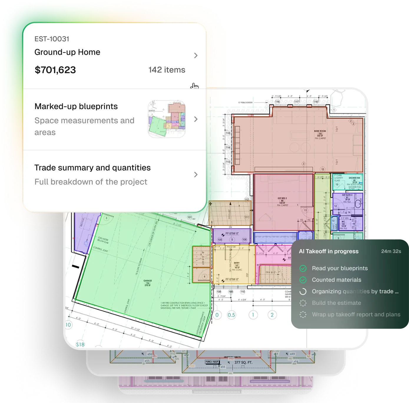 Handoff AI Takeoffs interface showing a plan upload screen and a color-coded visual takeoff of a floor plan