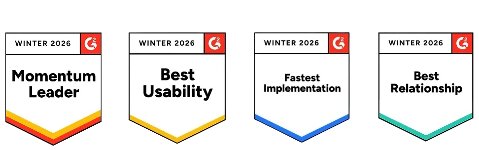 G2 Winter 2026 badges — Momentum Leader, Best Usability, Fastest Implementation, Best Relationship