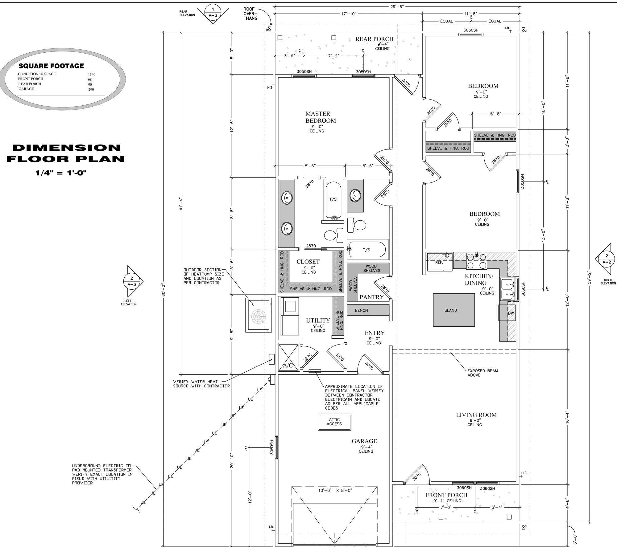 A dimension floor plan from a residential drawing set, title block removed