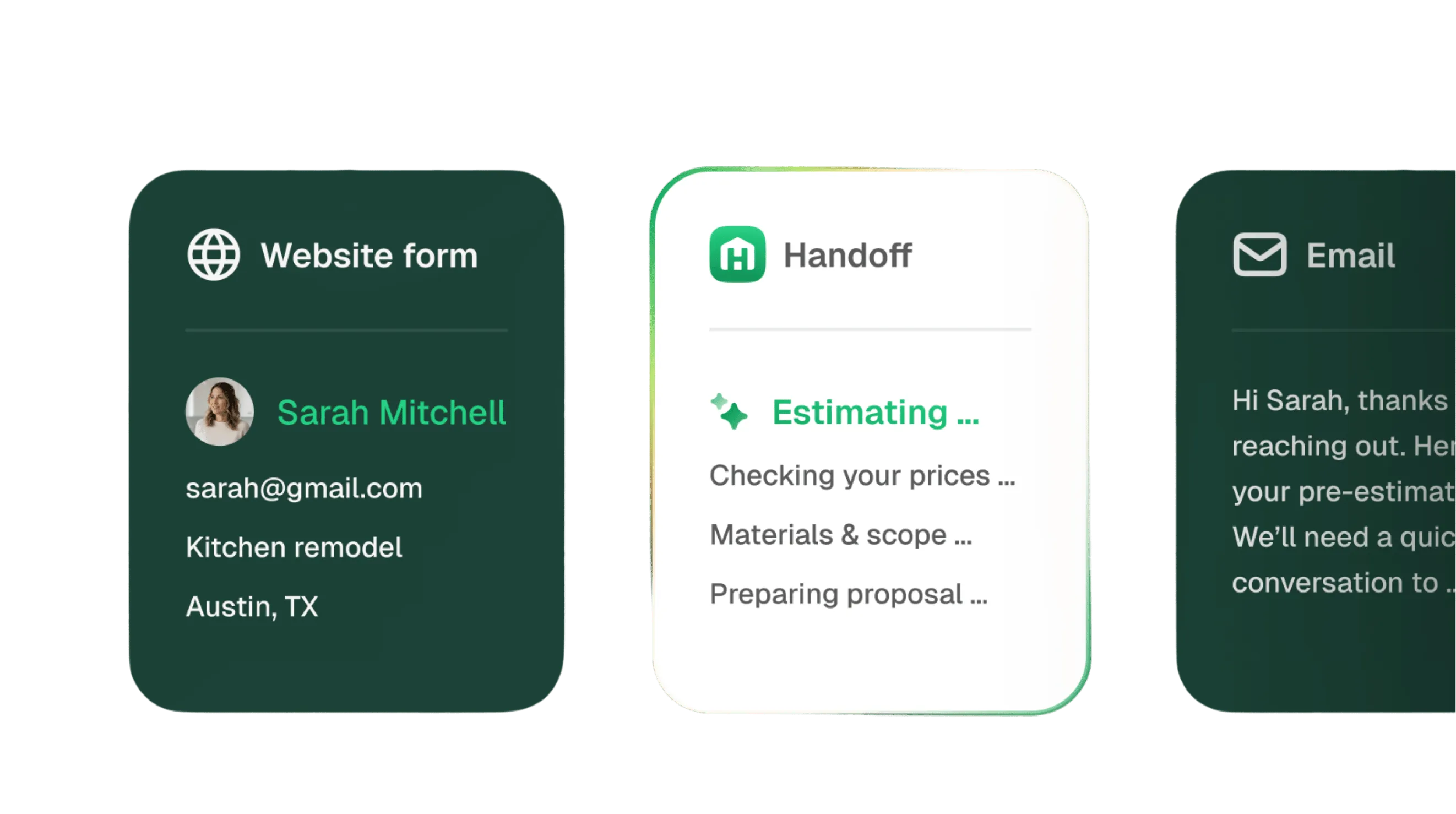 Handoff Zapier Integration interface showing QuickBooks, Slack, and Google Sheets connections